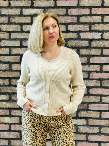 Button Down Ribbed Cardigan - Khaki