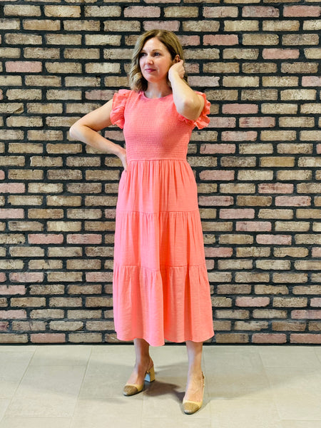 Smocked Tiered Dress - Coral