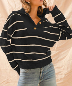 Striped Shawl Collar Sweater - Black/Ivory