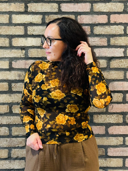 Floral Mesh Mock Neck Top - Black Multi