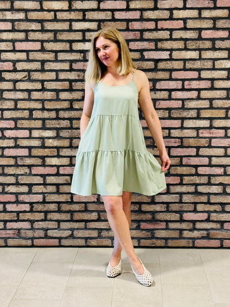 Tiered Spaghetti Straps Dress - Sage