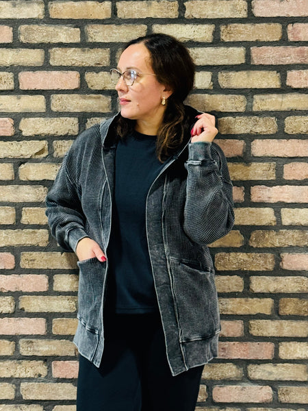 Waffle Washed Cardigan - Black