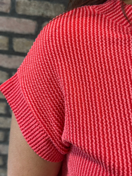 Raised Rib Cap Sleeves Top - Ruby