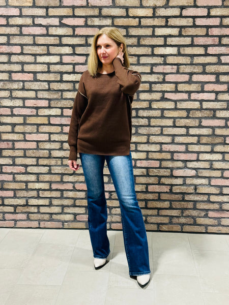 Contrast Trim Sweater - Brown/Ash Mocha