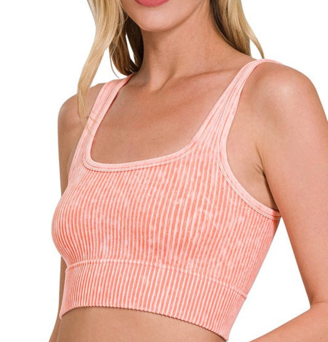 Ribbed Tank Top with Bra Pads - Coral