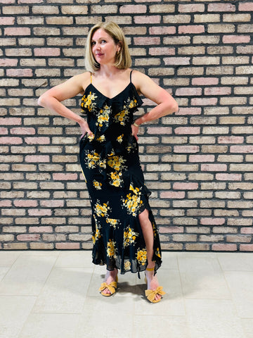 Ruffle Wrap Floral Midi Dress - Black