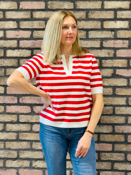 Split Neck Striped Pullover - Red