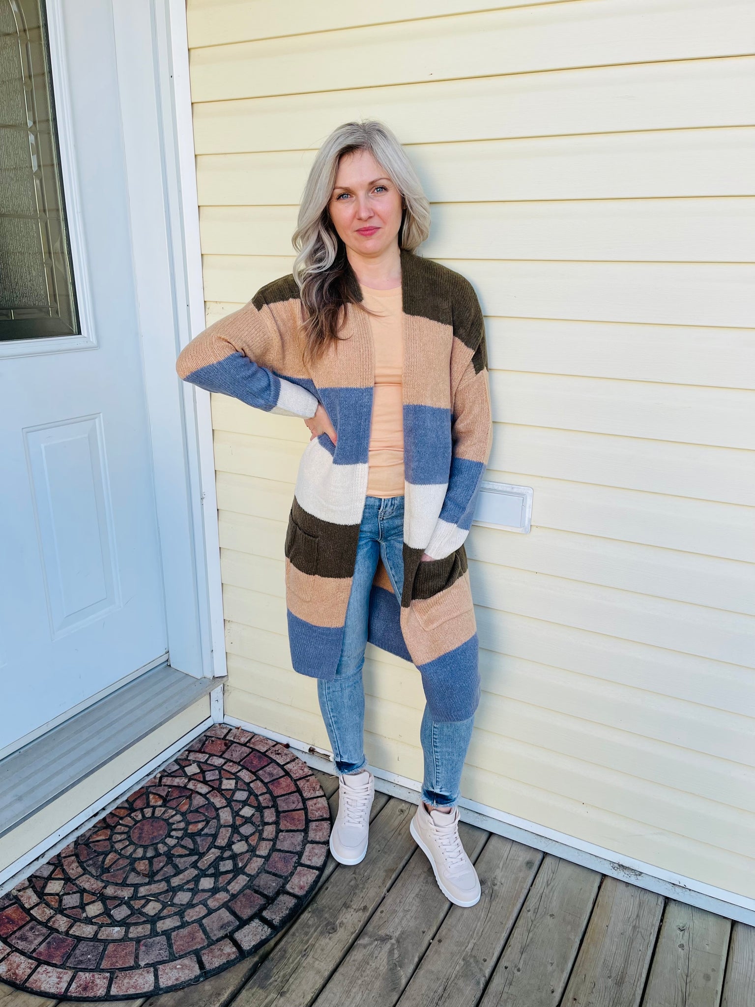 Open Colour Block Cardigan - Olive/Khaki