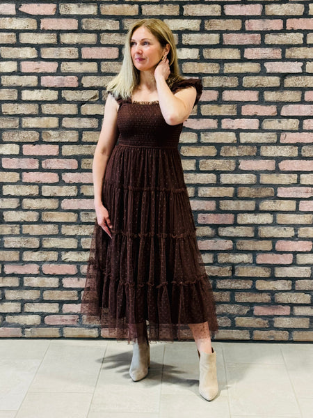 Polka Dot Chiffon Tiered Dress - Brown
