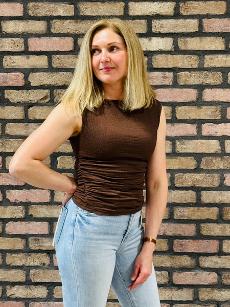 Ruched Side Textured Top - Brown