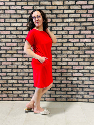 Rolled Sleeves Round Neck Dress - Ruby