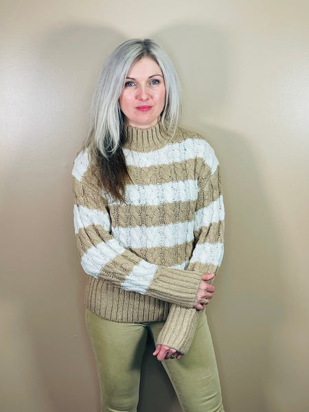 Striped Cable Knit Sweater - Khaki