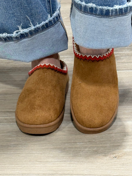 Embroidered Trim Mule Slippers - Tan