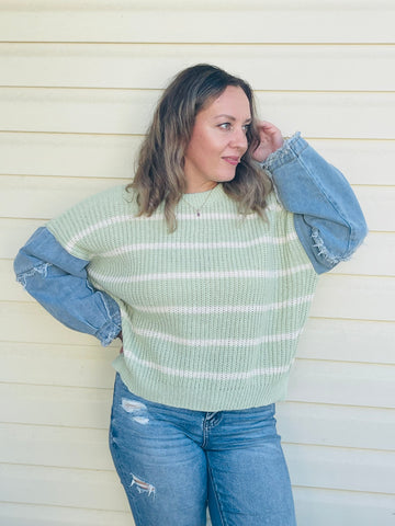 Denim Sleeves Sweater - Green