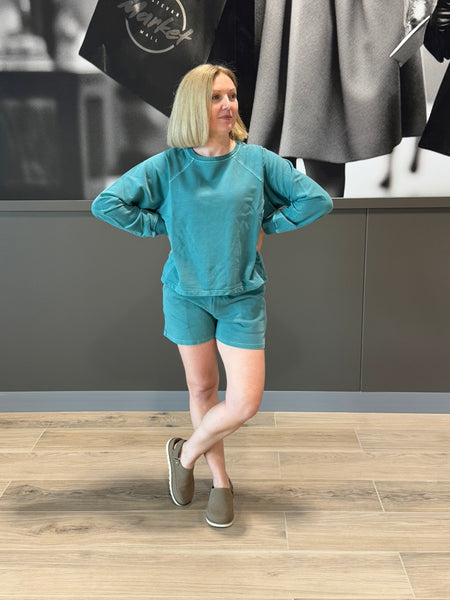 French Terry Pullover and Shorts Set - Teal