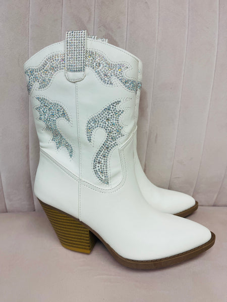 Rhinestone Western Boots - White