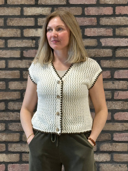 Contrast Crochet Knit Cardigan - Cream