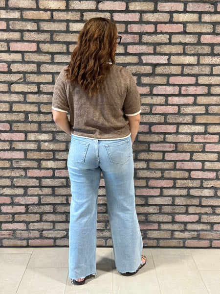 Contrast Trim Puff Sleeves Sweater - Mocha