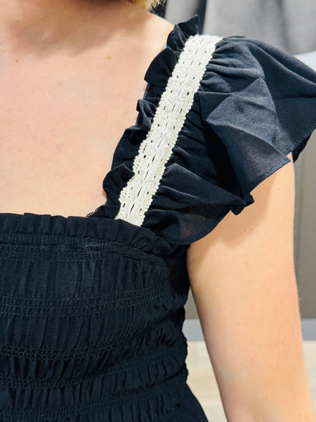 Smocked Ruffle Midi Dress - Black
