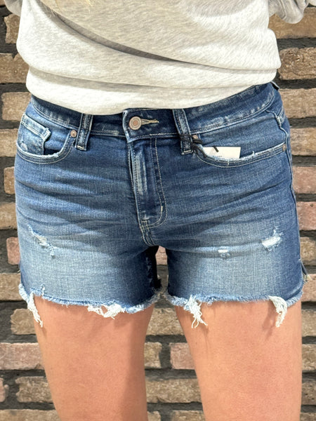 Raw Frayed Hem Denim Shorts - Dark Wash