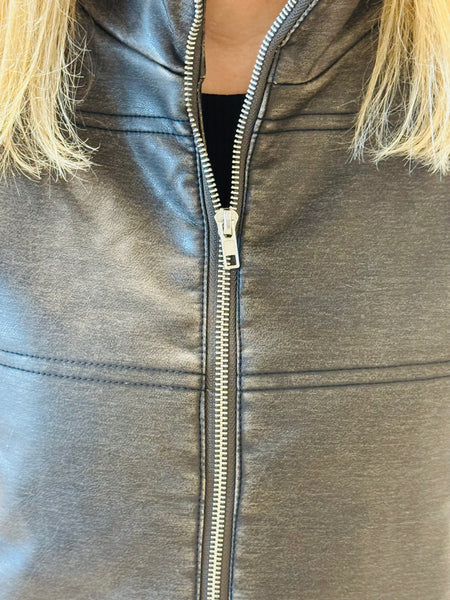 Washed Faux Leather Vest - Black