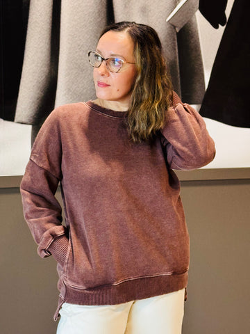 Acid Wash Fleece Pullover - Mahogany