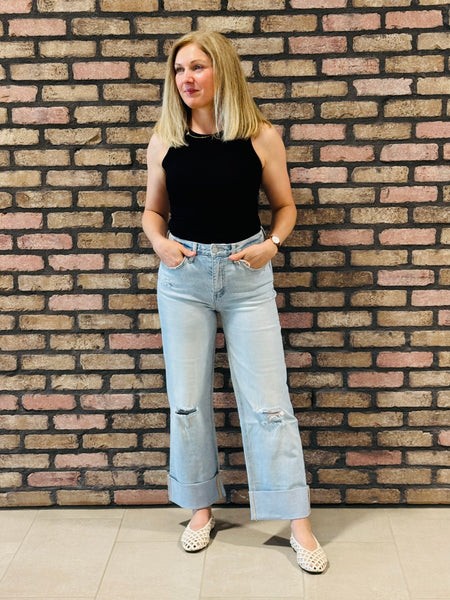 Distressed Detail Wide Leg Jeans - Light Wash