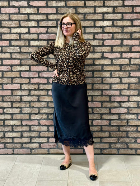 Lace Trim Satin Midi Skirt - Black
