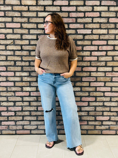 Contrast Trim Puff Sleeves Sweater - Mocha