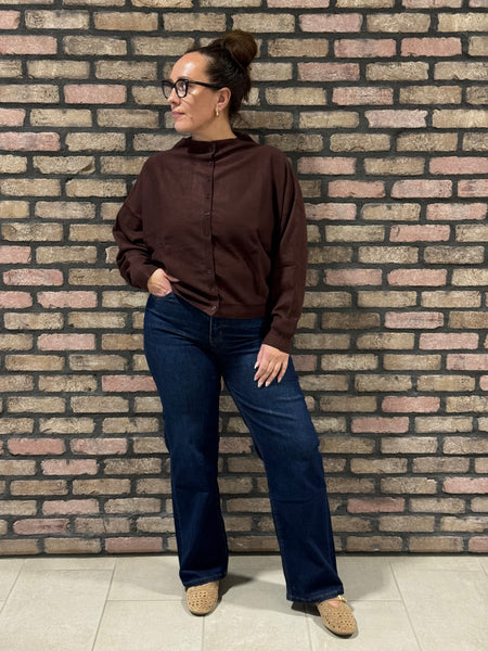 Boat Neck Cardigan Sweater - Dark Brown