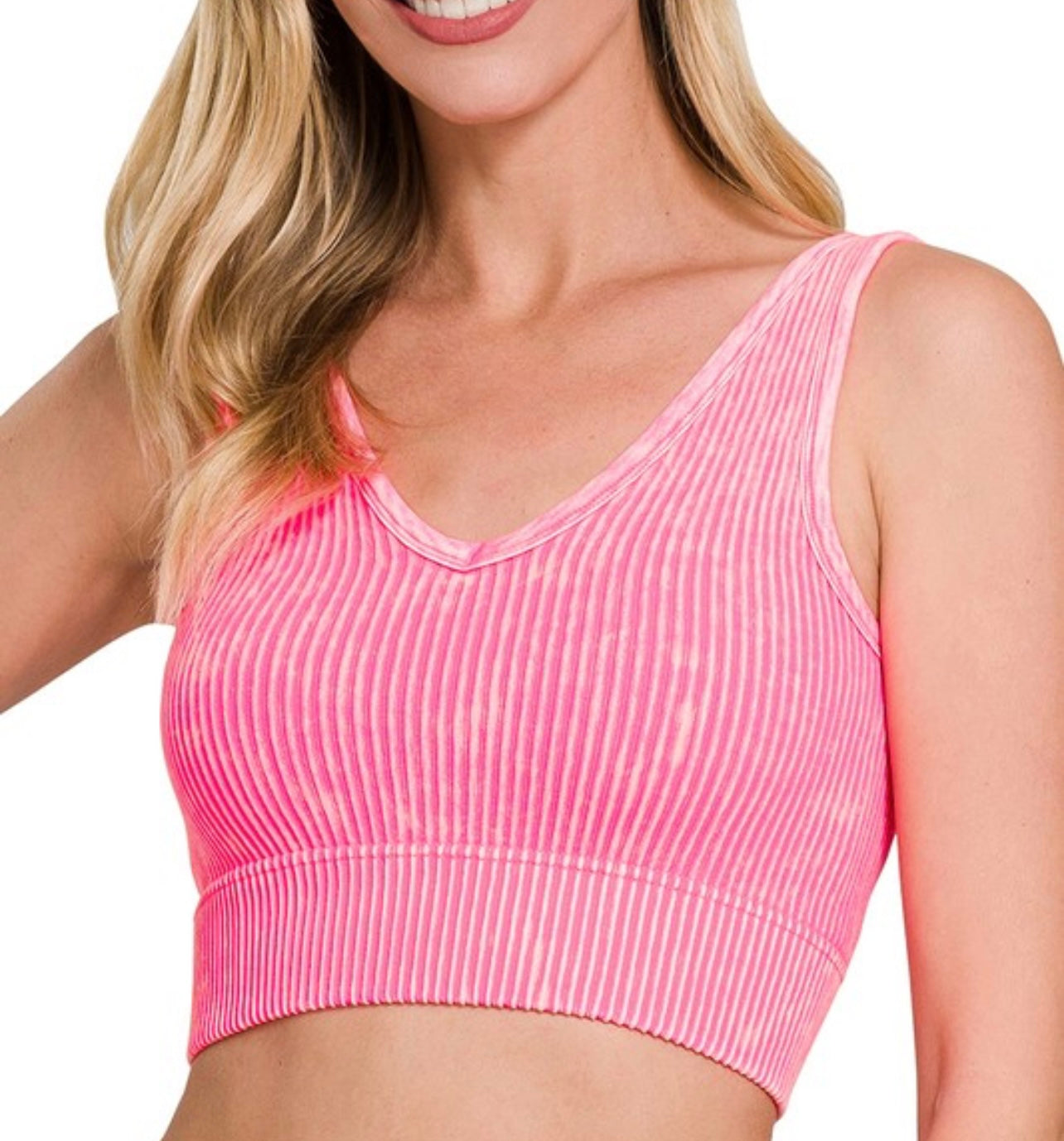 2 Way Neckline Ribbed Tank Top - N Coral Fuchsia