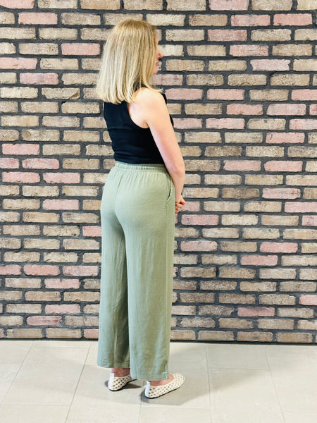 Wide Leg Linen Blend Pants - LT Olive