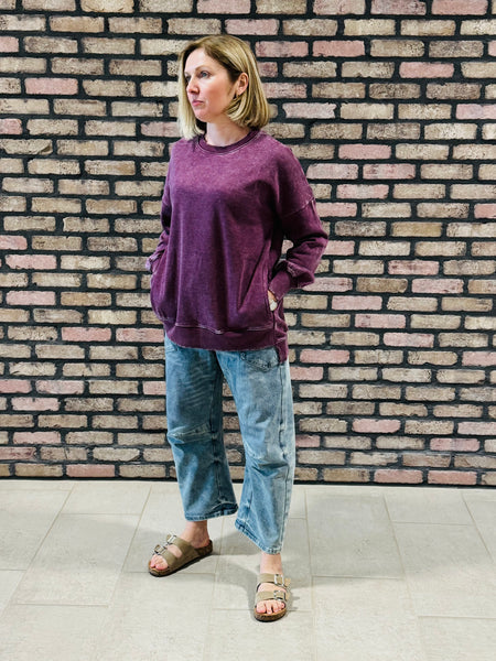 Acid Wash Fleece Pullover - Eggplant