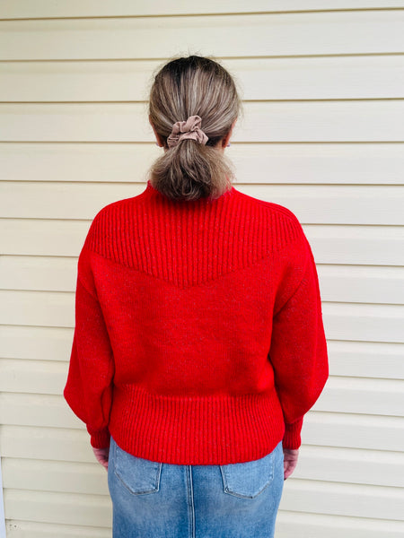 Balloon Sleeves Mock Neck Sweater - Ruby
