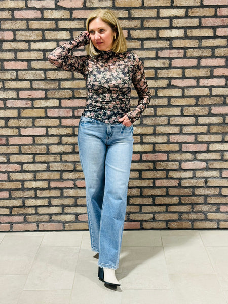 Fitted Sheer Mesh Top - Black Floral