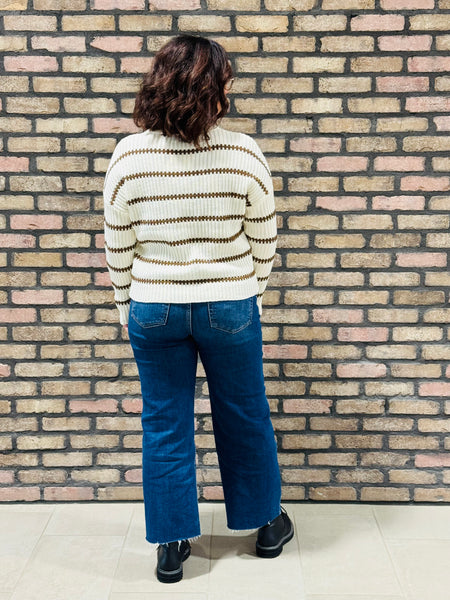 Striped Ribbed Knit Sweater - Cream