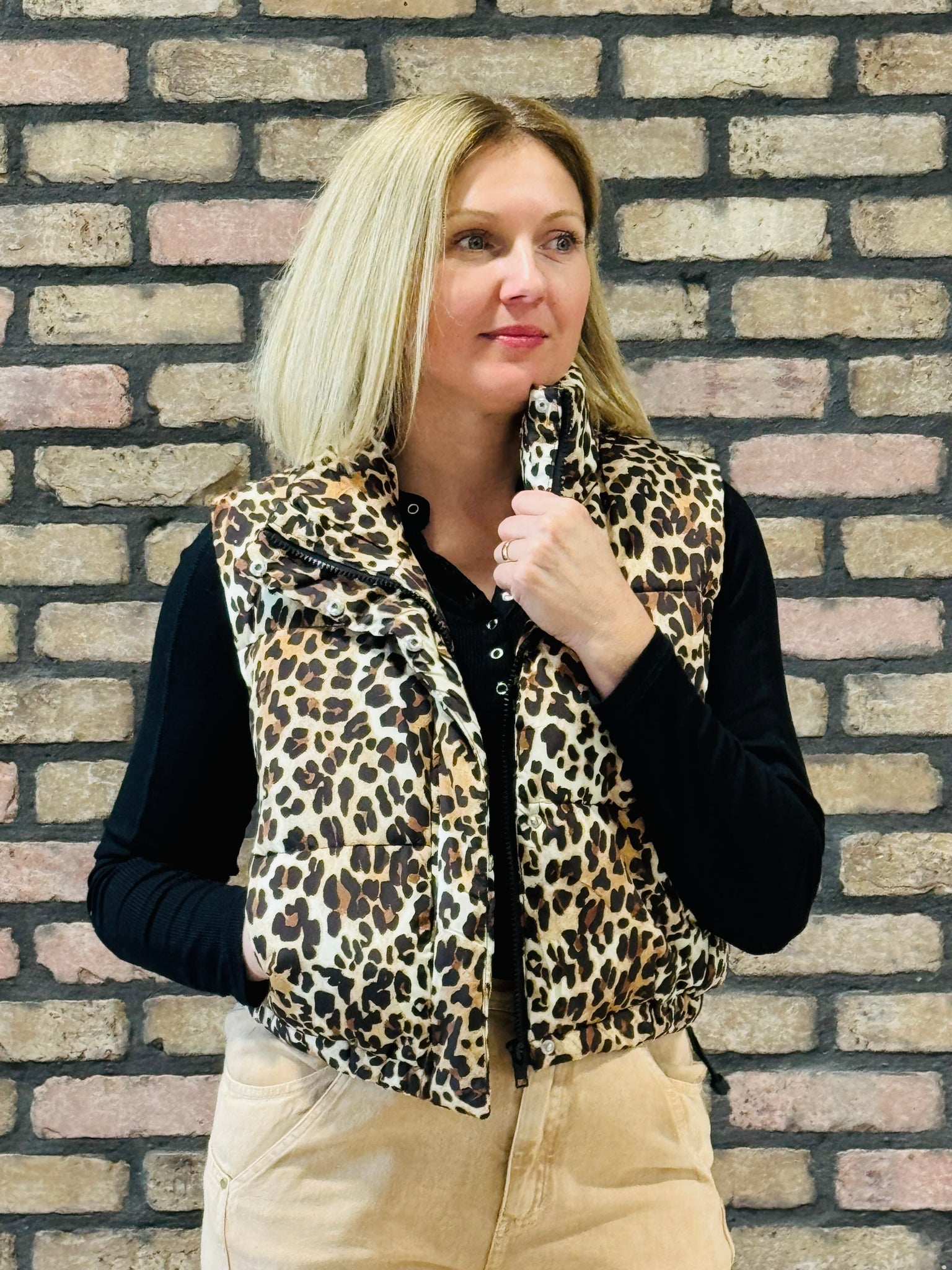 Leopard Print Puffer Vest - Camel