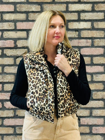 Leopard Print Puffer Vest - Camel