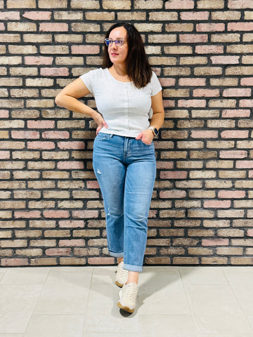 Cuffed Boyfriend Jeans - Medium Wash
