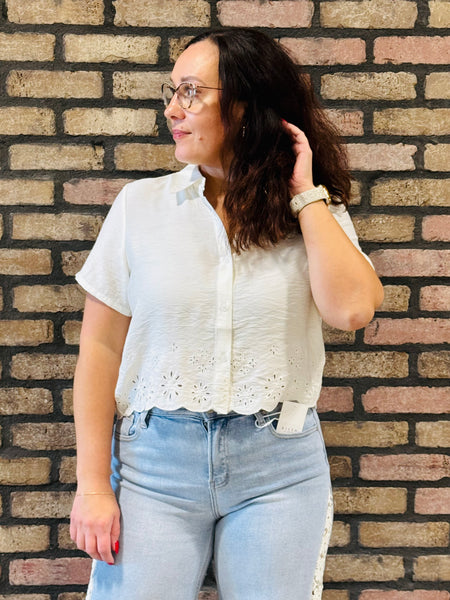 Eyelet Scalloped Hem Woven Top - Ivory