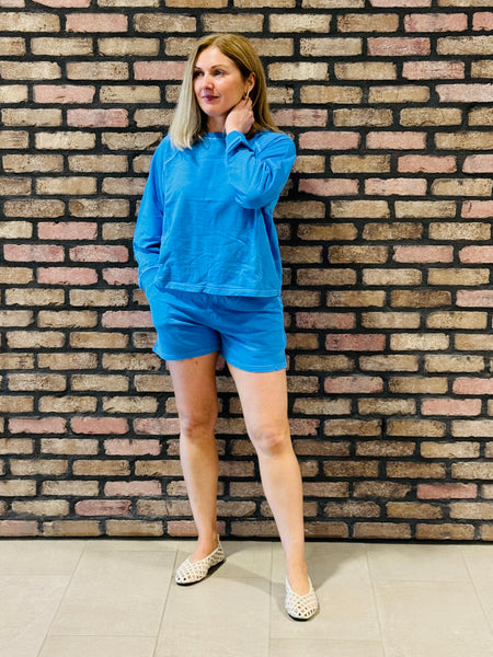 French Terry Pullover and Shorts Set - Classic Blue