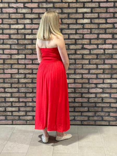 Strapless Gathered Detail Dress - Red