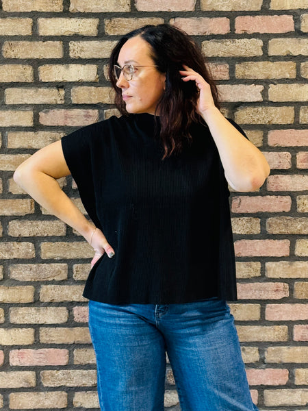 Mock Neck Boxy Sweater Top - Black