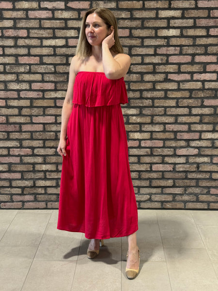 Crinkle Strapless Maxi Dress - Ruby