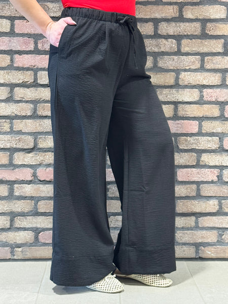Linen Effect Palazzo Pants - Black