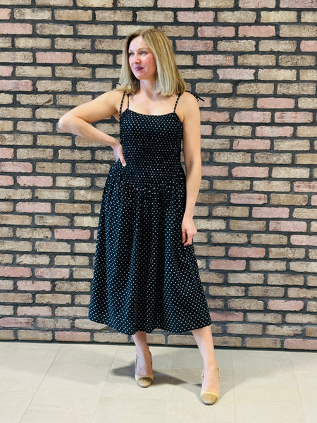 Polka Dot Smocked Midi Dress - Black