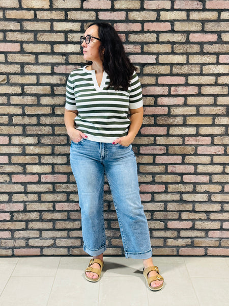Split Neck Striped Pullover - Olive