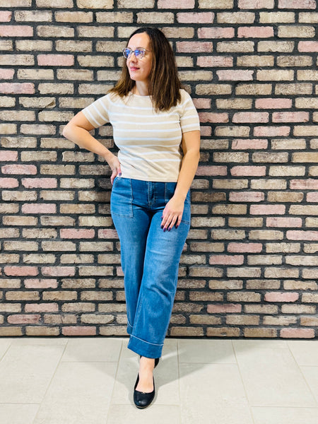 Striped Soft Knit Sweater - Khaki/White