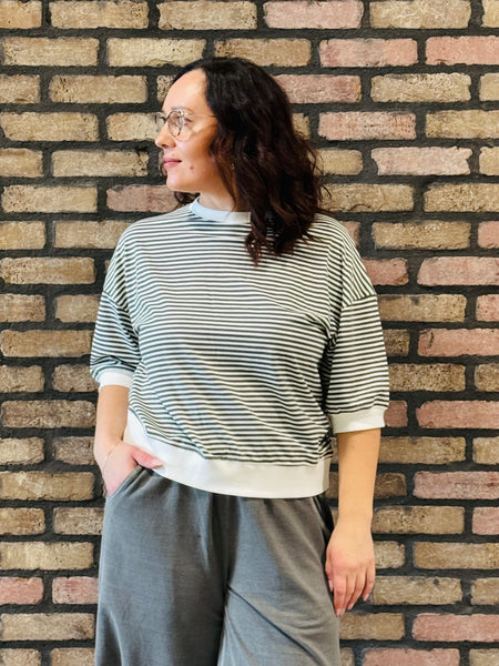 Striped Contrast Trim Top - DK Olive