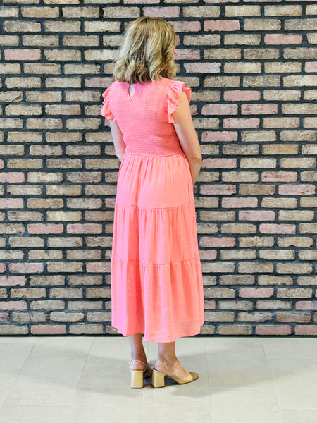 Smocked Tiered Dress - Coral